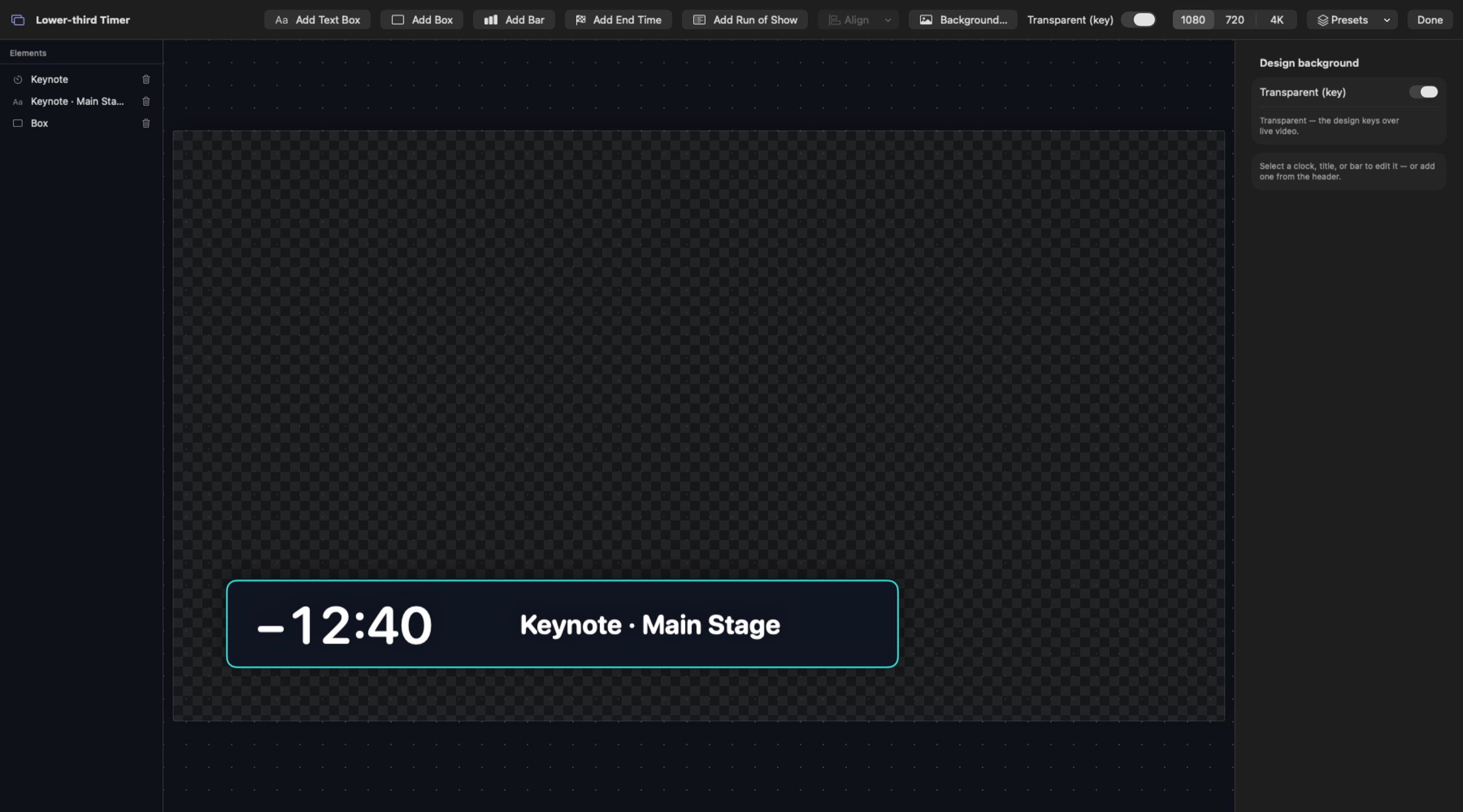 The Cadence Designer: a transparent lower-third with a Keynote countdown on a checkerboard canvas