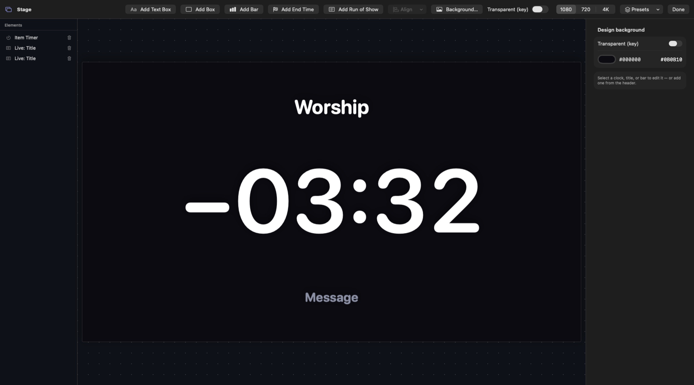 A Cadence stage display showing the current Planning Center item, its countdown and the next item