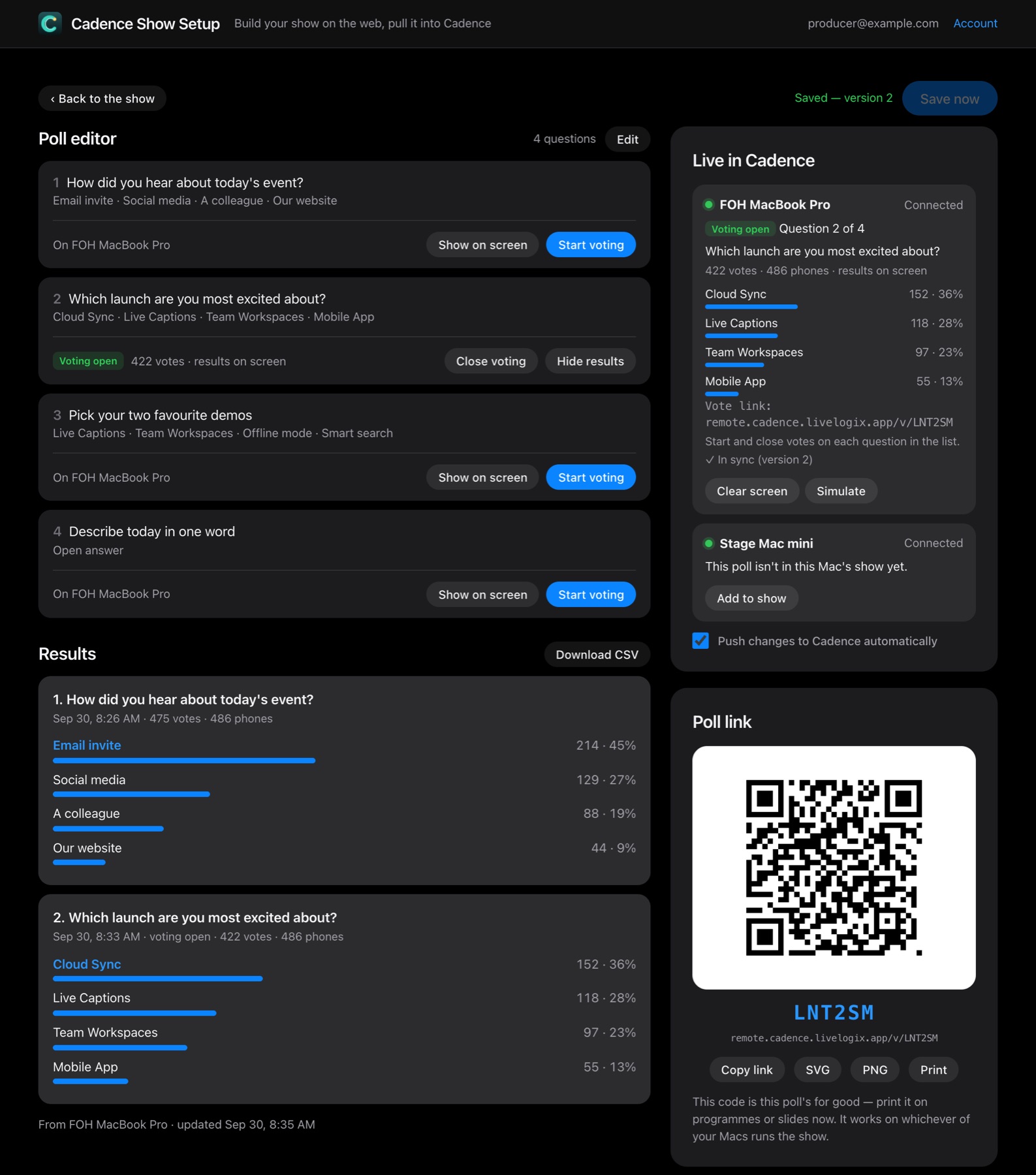Show Setup poll page: questions, voting controls, live results and the Mac running it