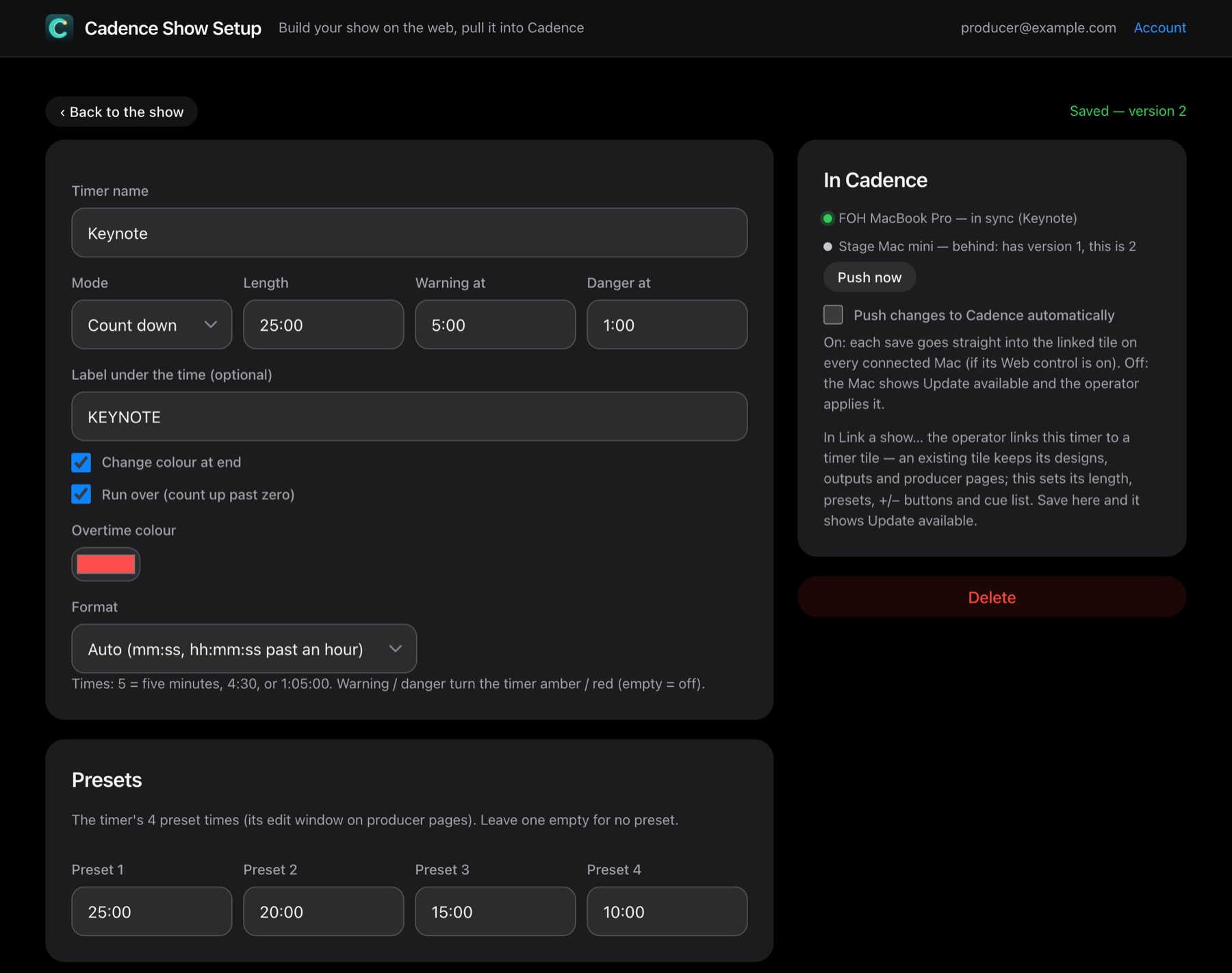 Show Setup timer page: settings, and which linked Macs are in sync or behind