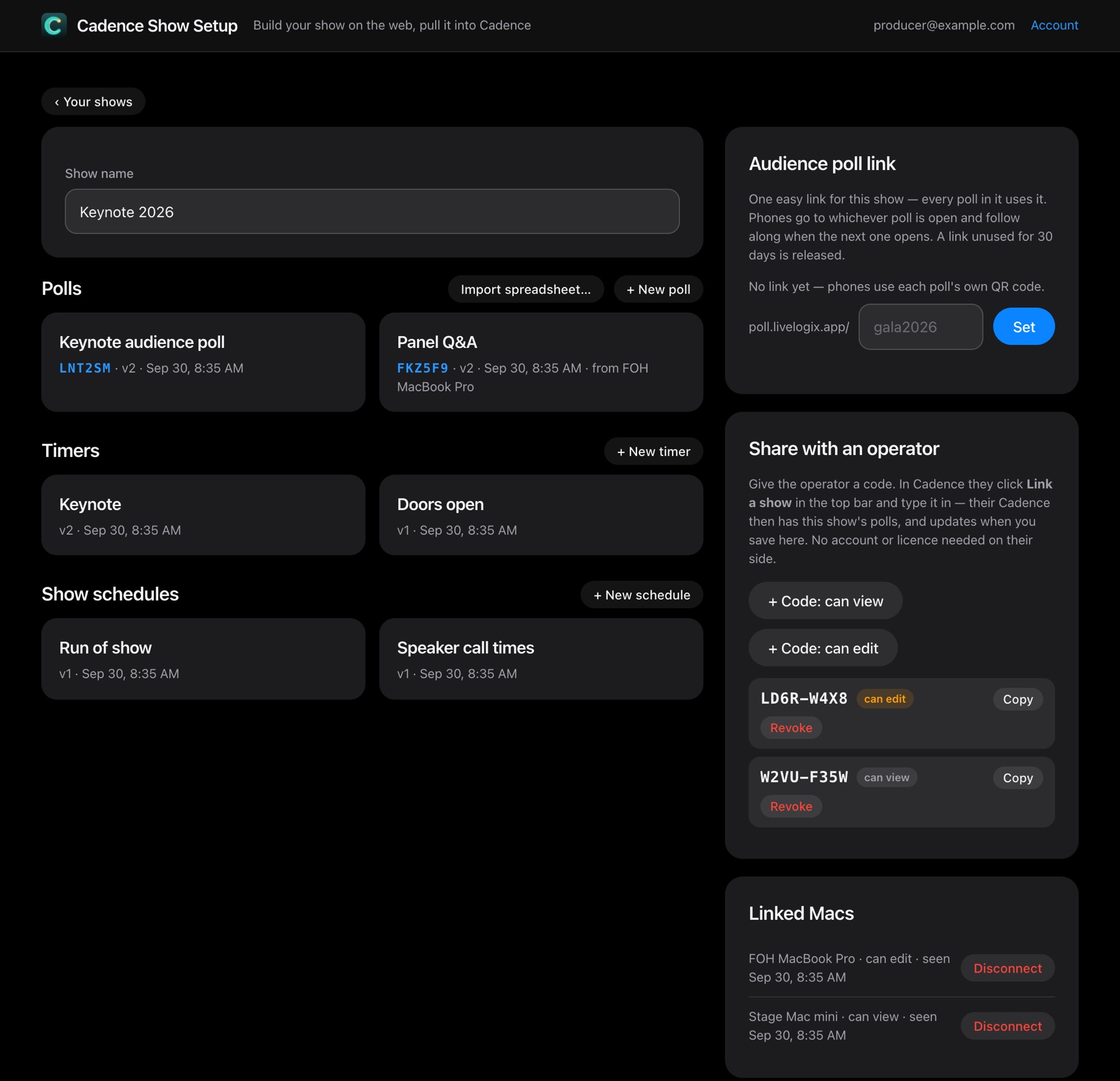 Cadence Show Setup: a show with polls, timers, schedules, share codes and linked Macs
