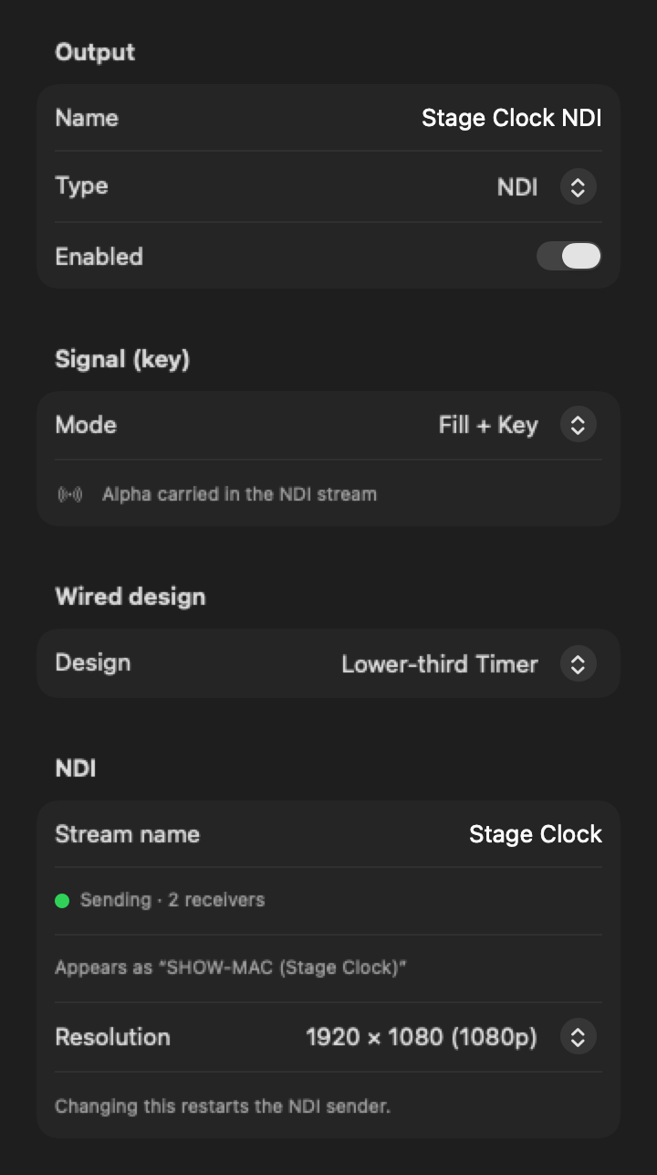 Cadence NDI output settings: stream name, Fill + Key, resolution