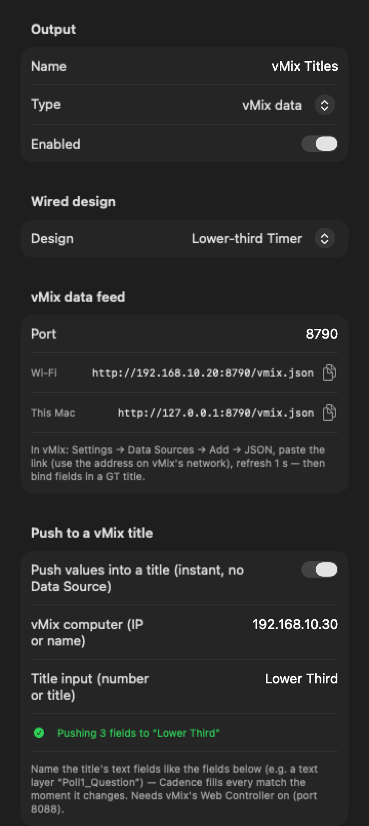 Cadence vMix data output pushing fields into a vMix title