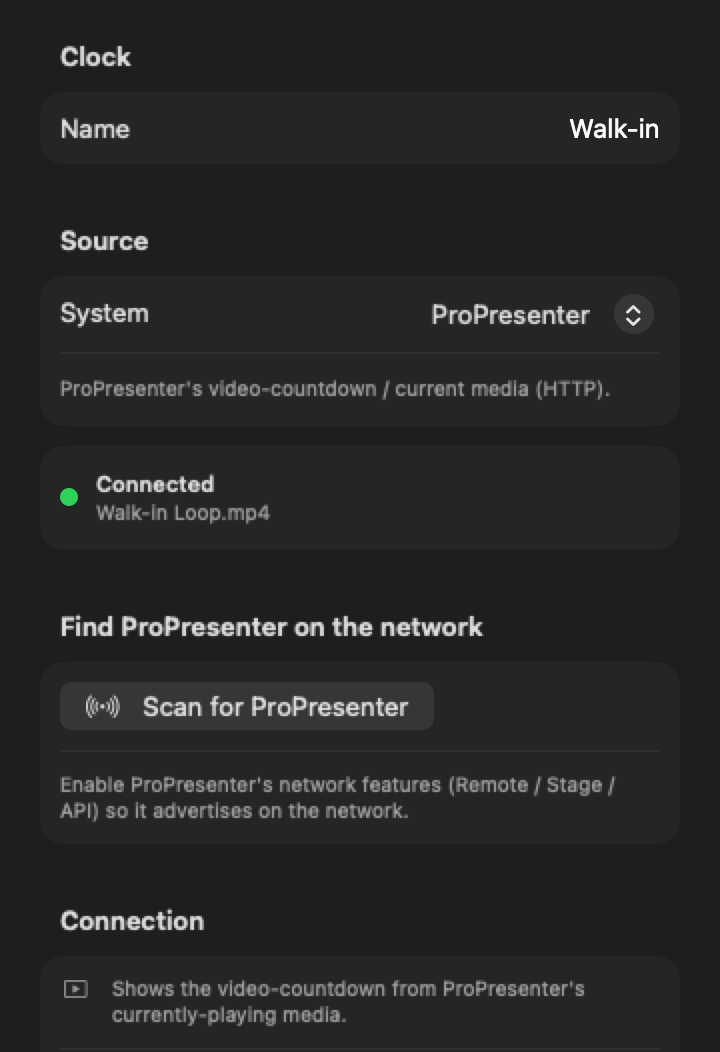 Cadence connected to ProPresenter, following a video countdown