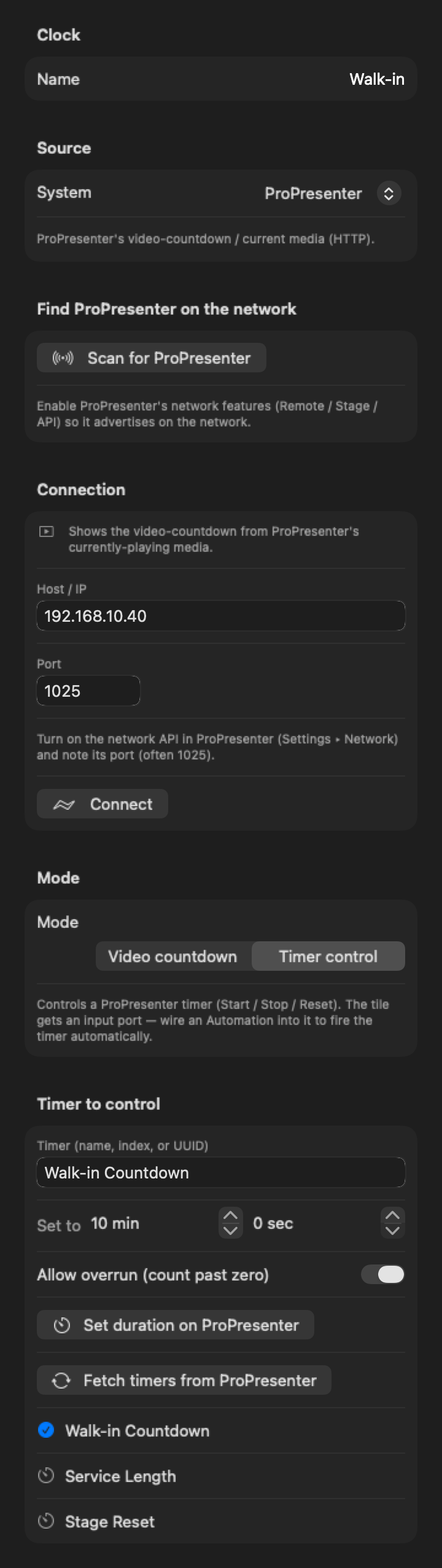 Cadence controlling a ProPresenter timer