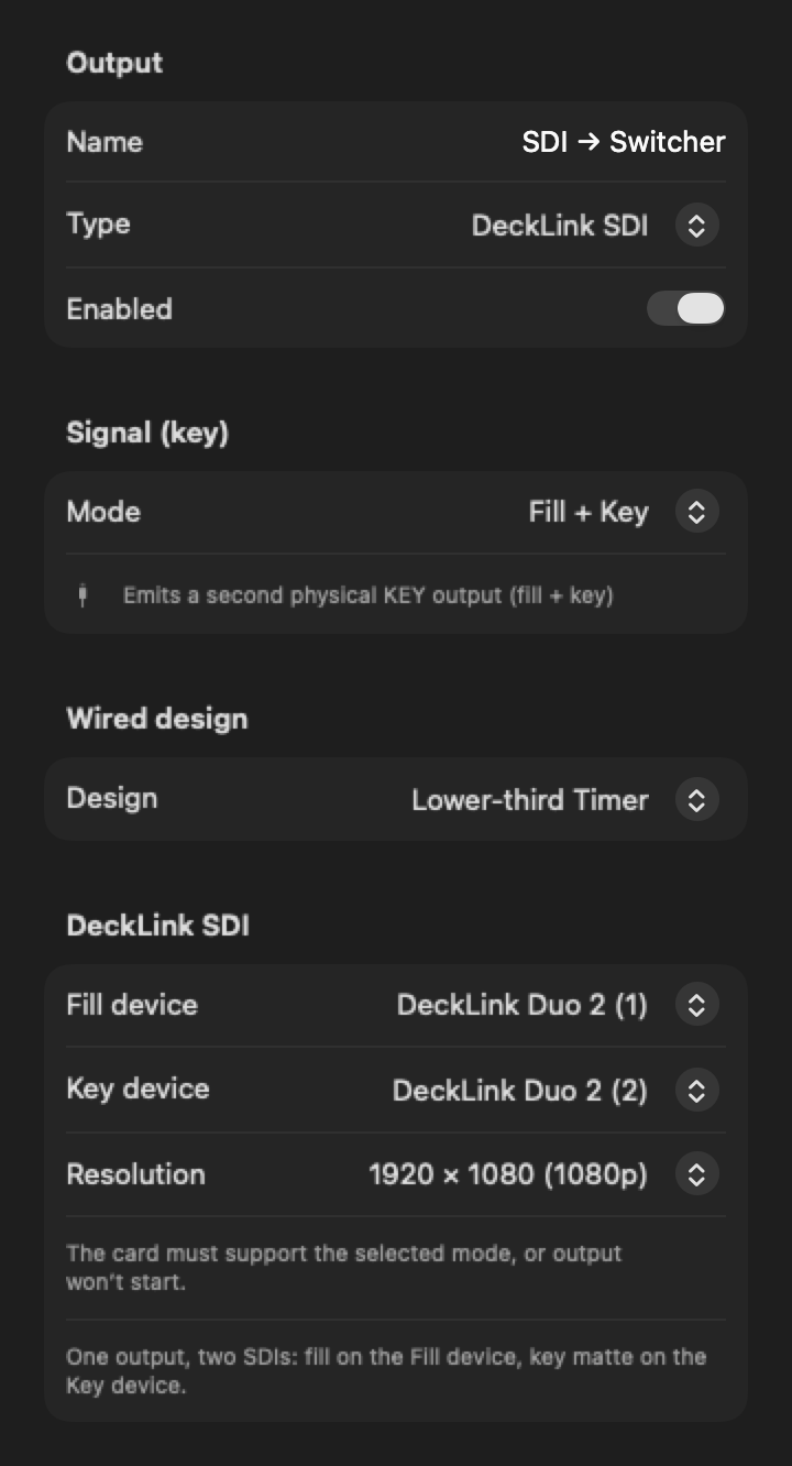 Cadence DeckLink SDI output settings with Fill + Key on two devices