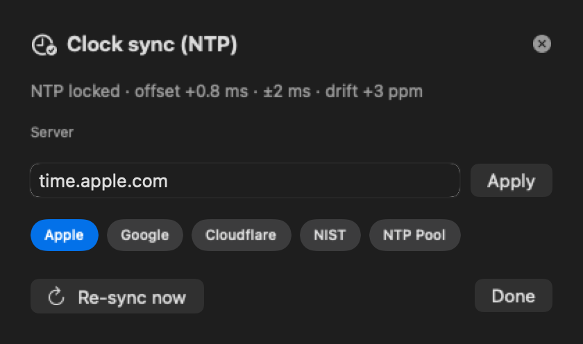 Cadence clock sync (NTP) settings showing a locked status